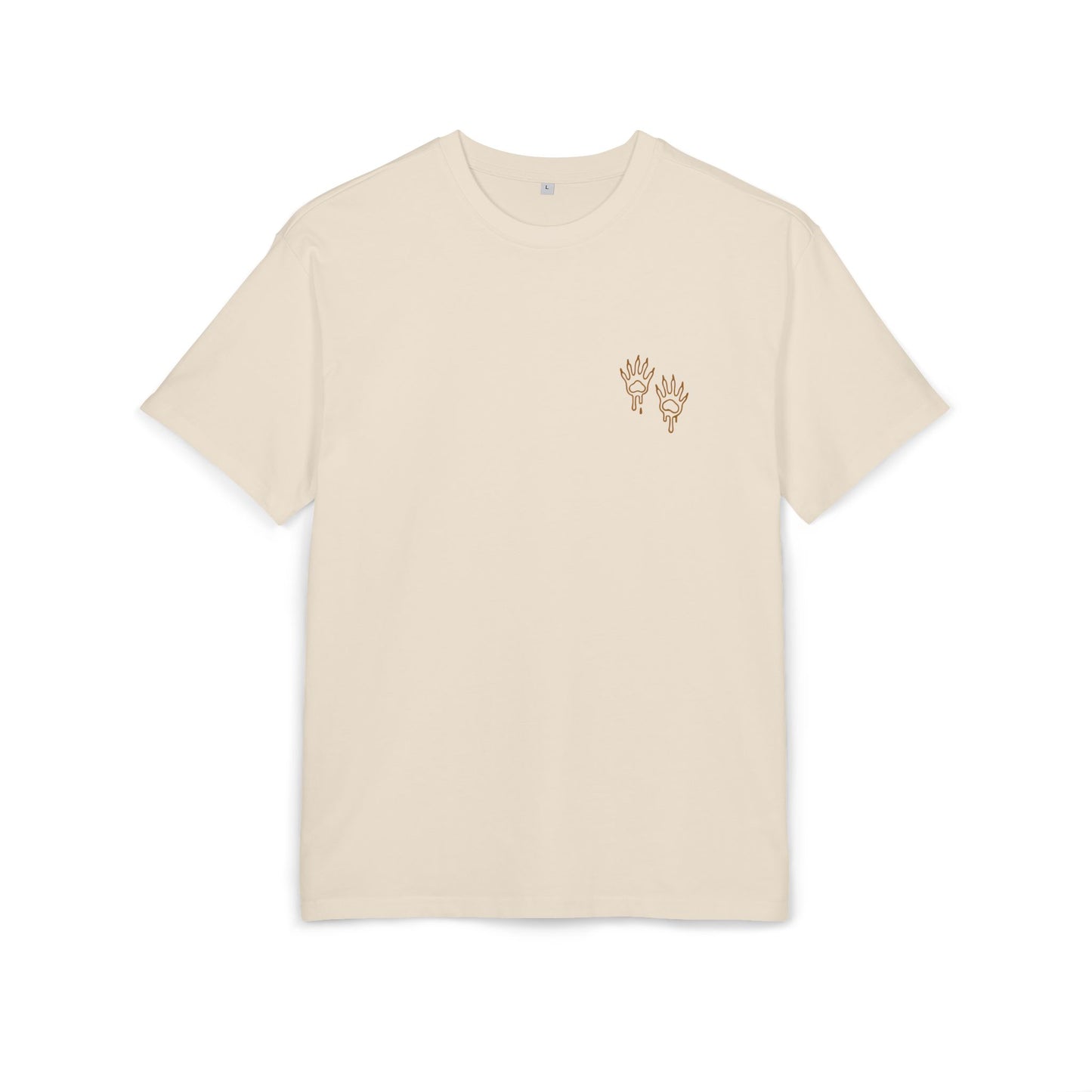 sand t-shirt with small raccoon paw print design on a white background, front
