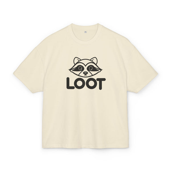 Sand unisex box t-shirt with the word 'LOOT' printed on the front and a graphic of a raccoon's face, front