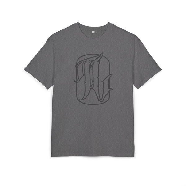 charcoal heather t-shirt with a graphic design in the center, front