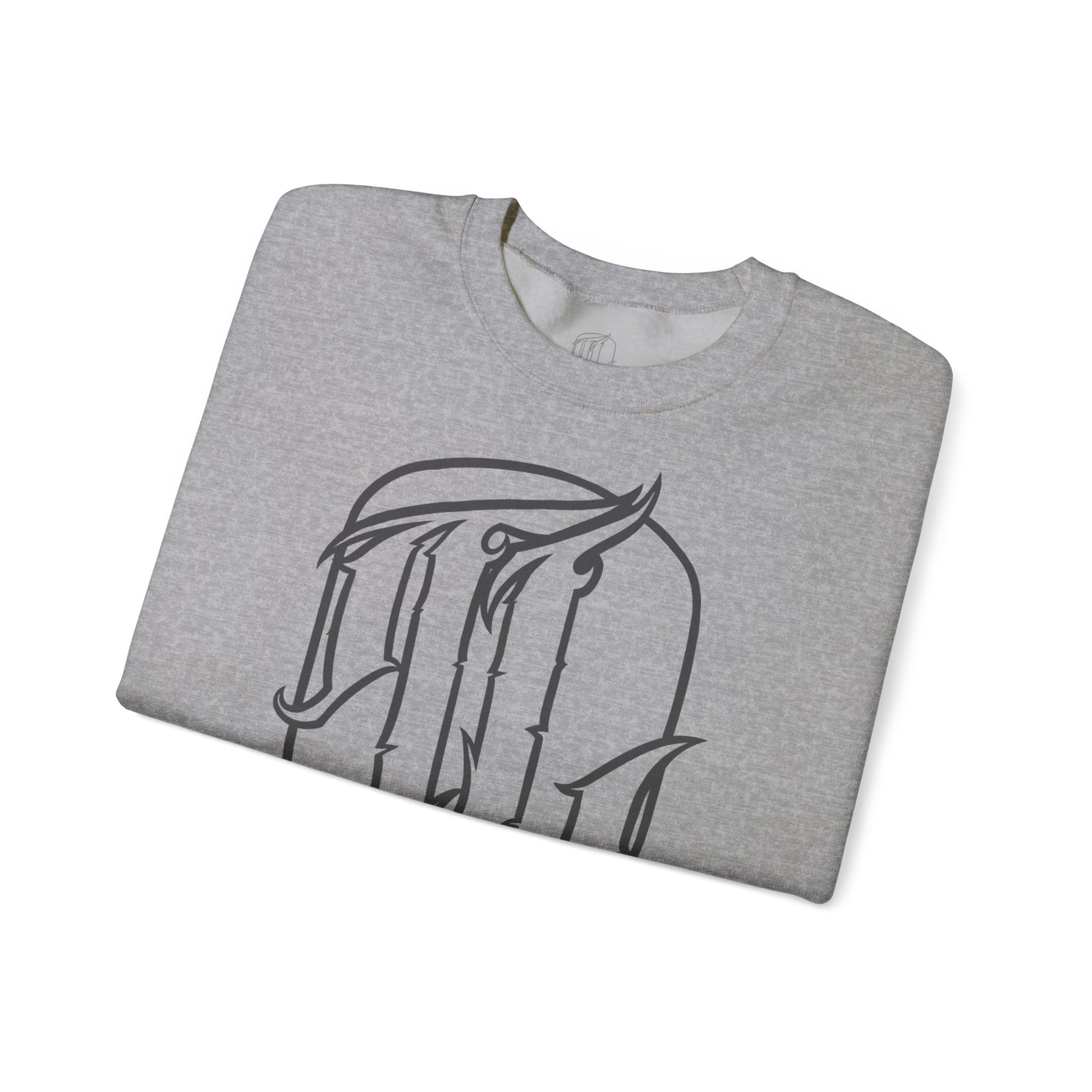 folded sport grey sweatshirt with a text design on the front, front