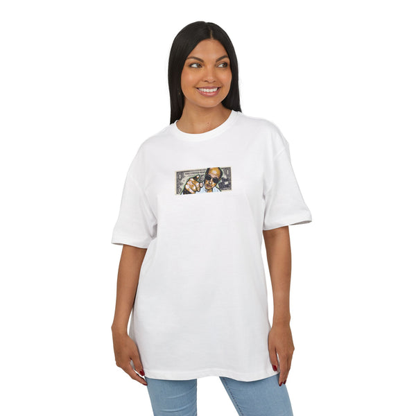 woman wearing white t-shirt dollar art with a graphic of Jim lahey from trailer park boys on a white background, front
