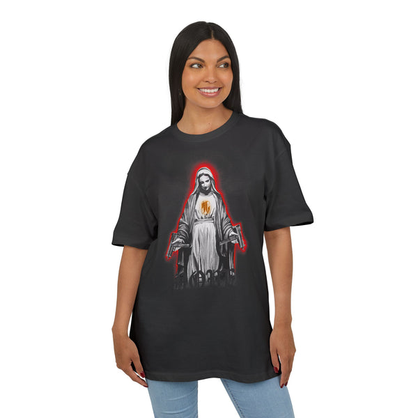 woman wearing black t-shirt with a graphic print of a figure with a red halo, front