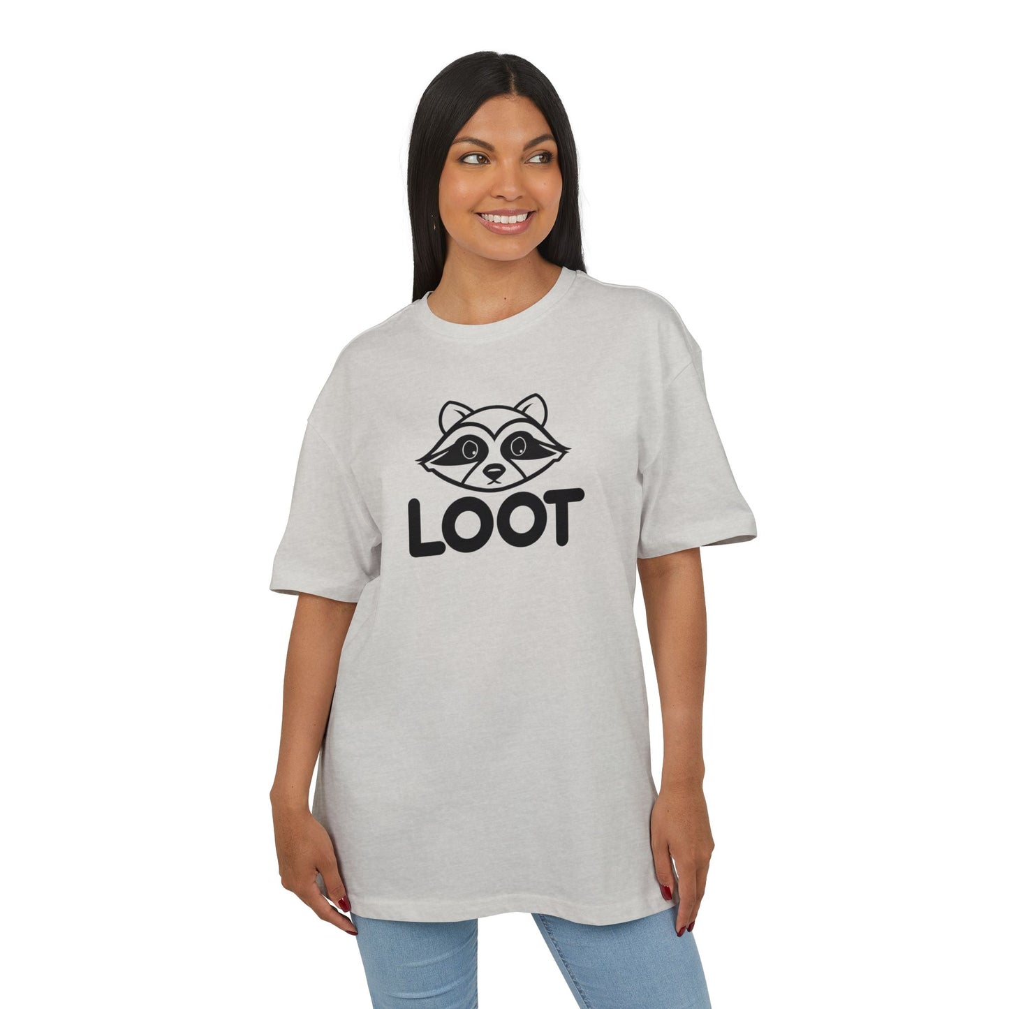 Woman wearing a gray t-shirt with a raccoon graphic and 'LOOT' text on a white background, front
