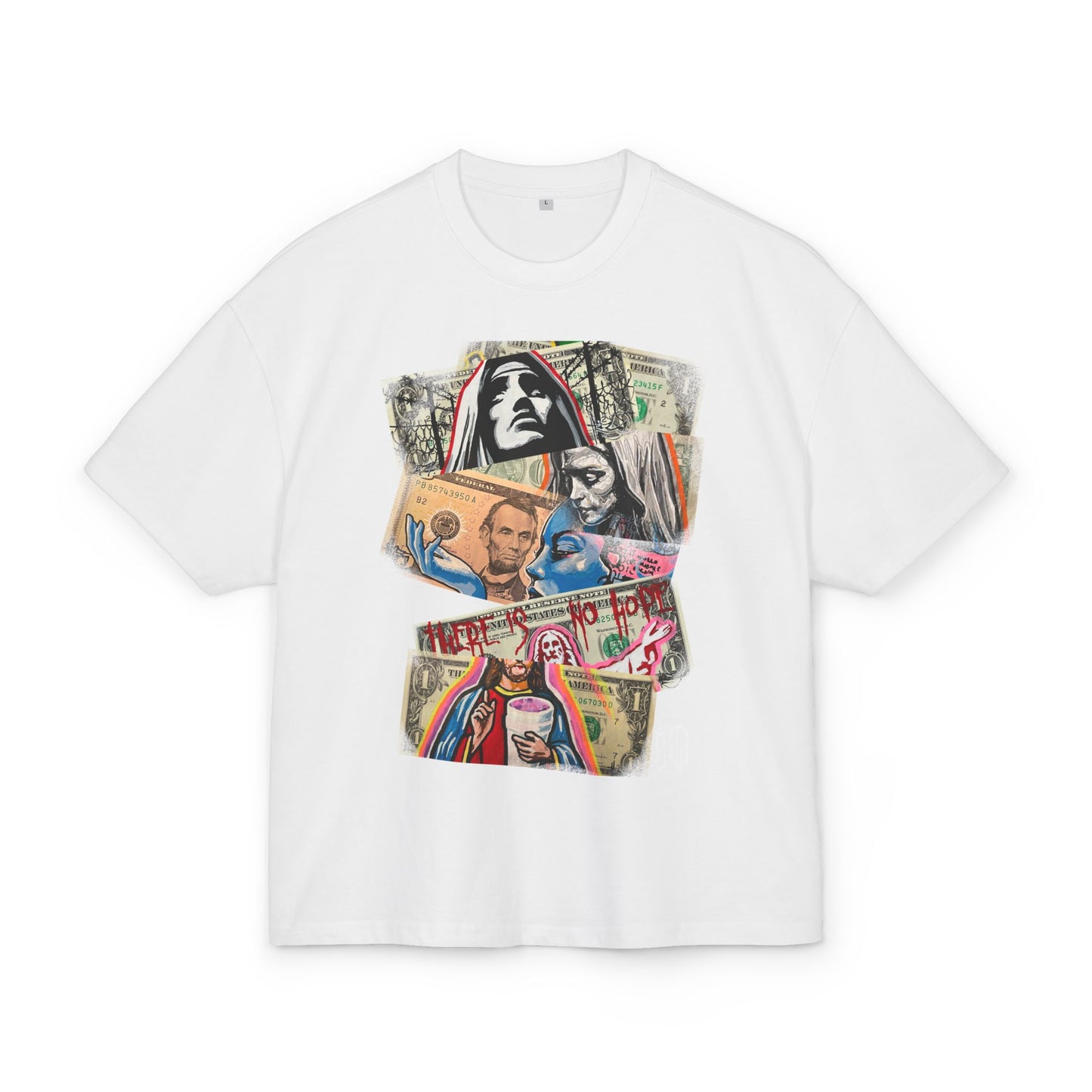 white boxt-shirt with stacked dollars and a bold artistic graphic print in the center, front