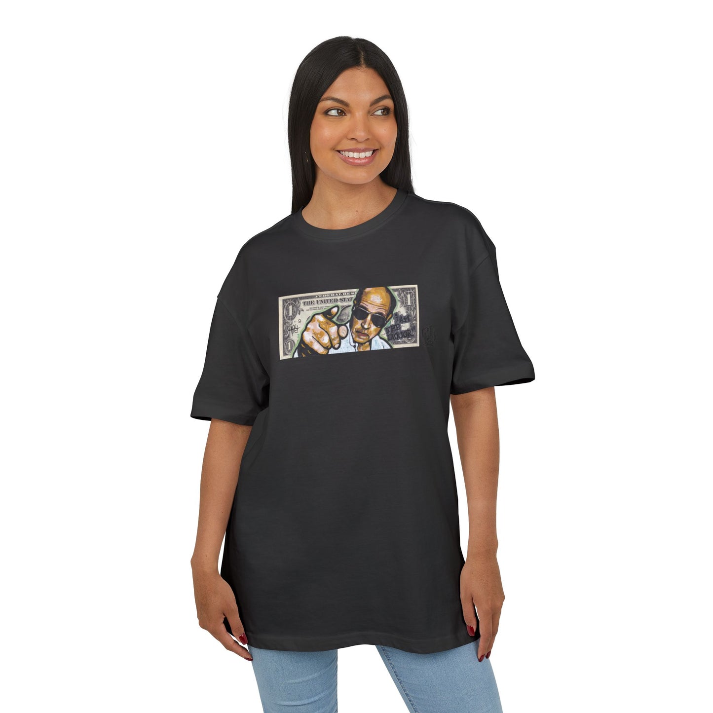 Woman wearing a black t-shirt with  dollar art with a graphic of Jim lahey from trailer park boys on a white background, front