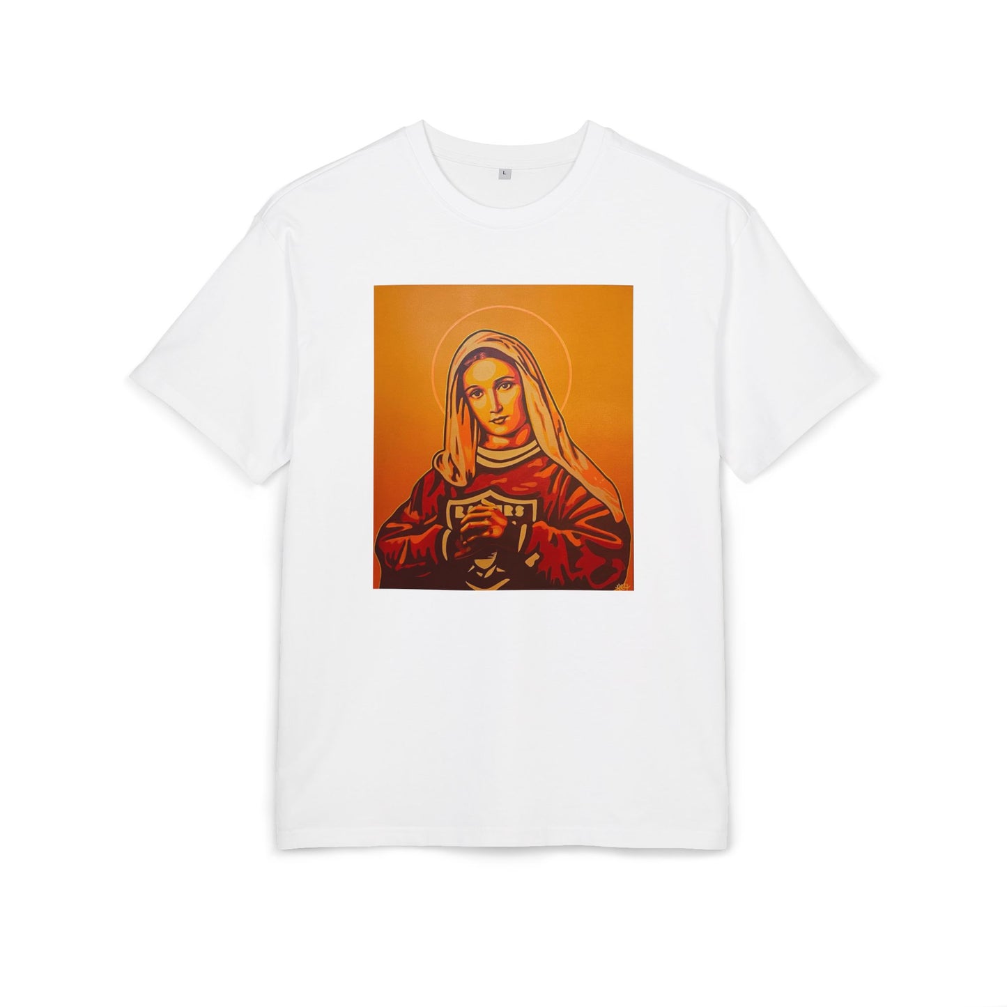 white oversized t-shirt with a graphic artistic print of a person with a halo, front